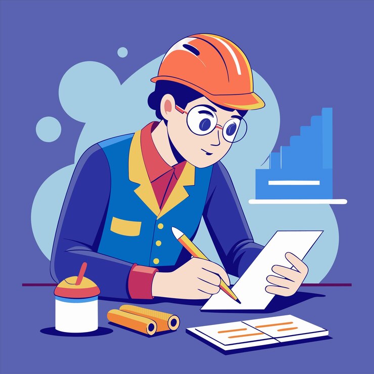 Vector un hombre está escribiendo en un papel con un lápiz y una botella de pintura