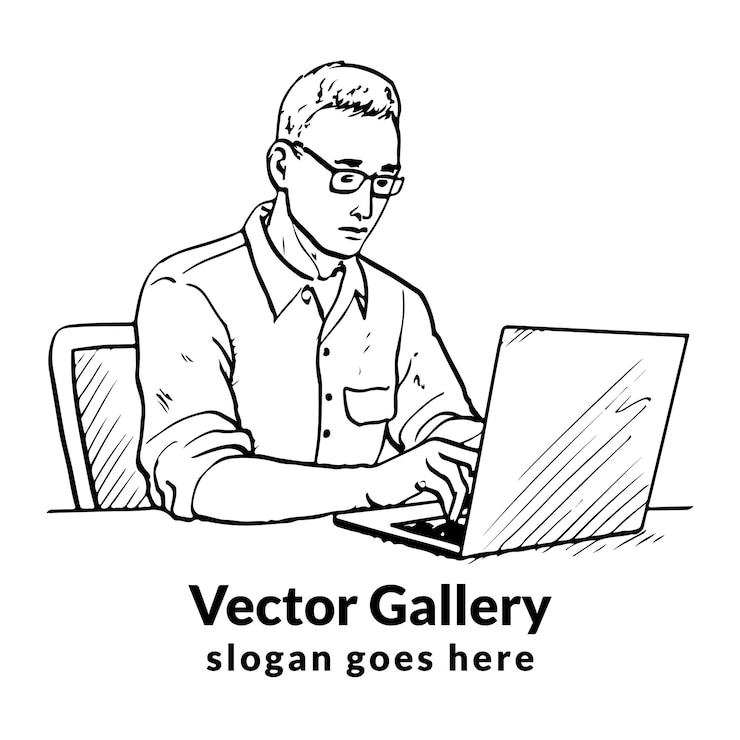 Vector el hombre está investigando con él el boceto del portátil.
