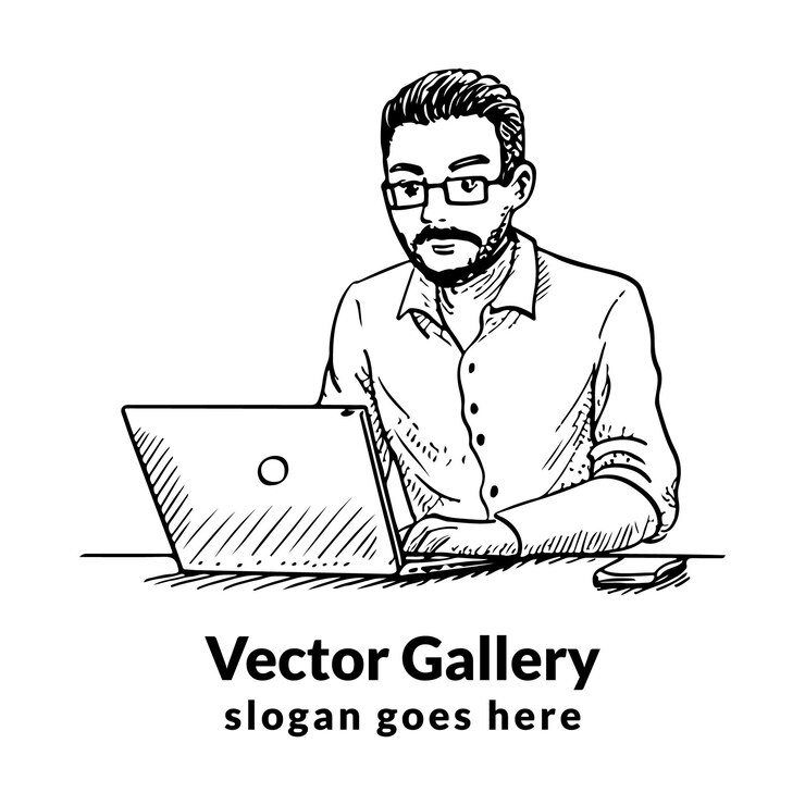 Vector el hombre está investigando con él el boceto del portátil.