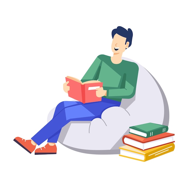 un hombre está leyendo un libro frente a una pila de libros