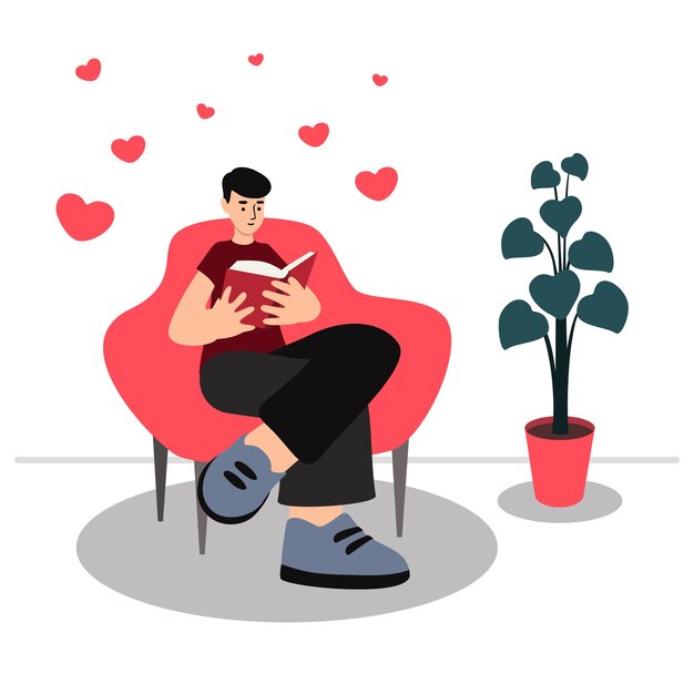El hombre está leyendo un libro de novela de amor mientras está sentado en el interior del vector aislado