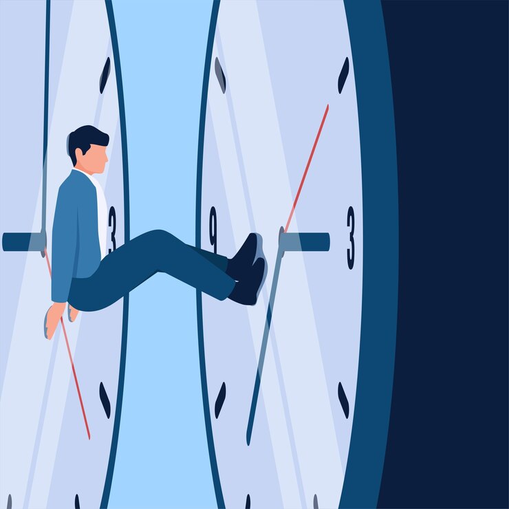 Vector el hombre está metido entre dos grandes relojes una metáfora para la presión del tiempo simple ilustración conceptual plana