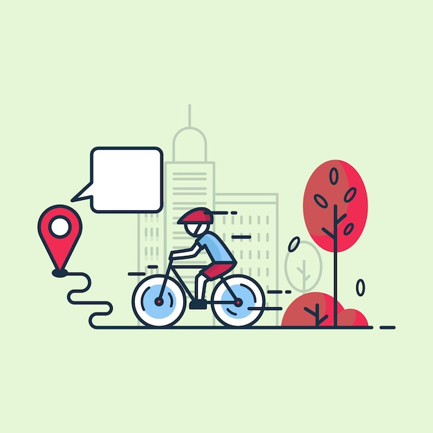 Un hombre está montando una bicicleta en una ciudad con un árbol rojo en el fondo