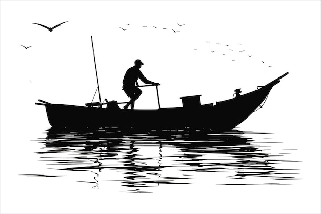un hombre está pescando en un barco con pájaros volando por encima de él