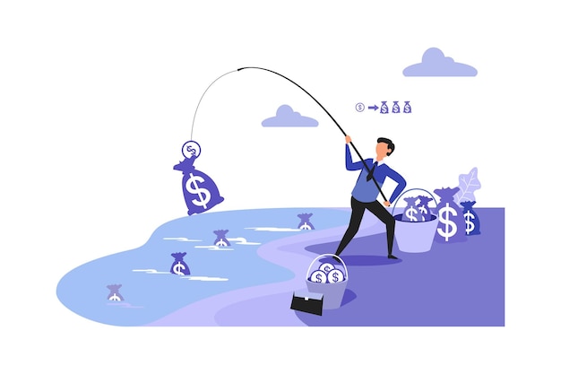 Un hombre está pescando con una gran cantidad de dinero en medio de la imagen.