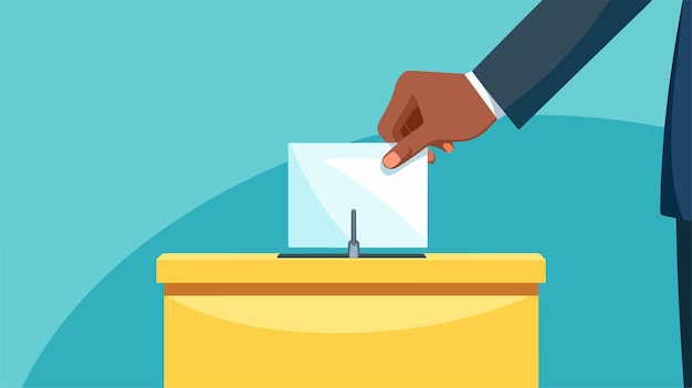 un hombre está de pie en una caja de votación con la mano en la parte superior