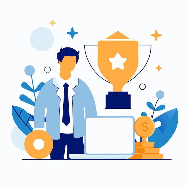 un hombre está de pie frente a una computadora con una ilustración de negocios de trofeo