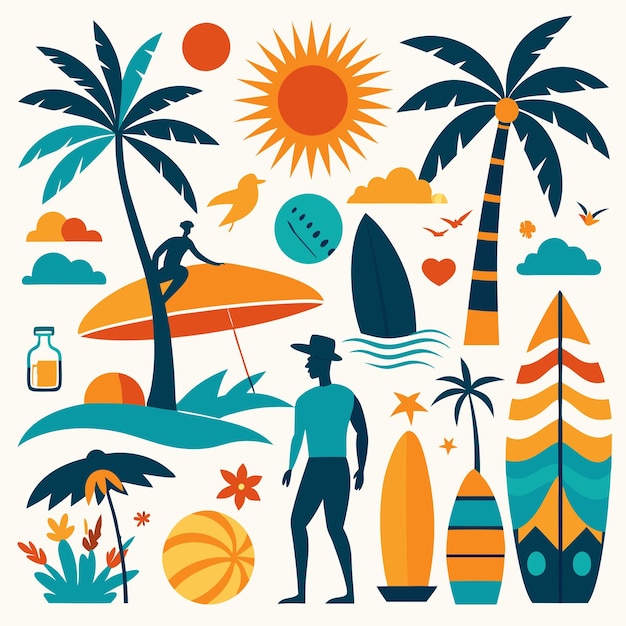 un hombre está de pie frente a una escena de playa con un hombre y tablas de surf