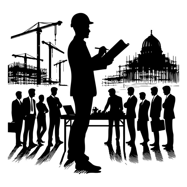 Vector un hombre está de pie frente a un grupo de personas de negocios