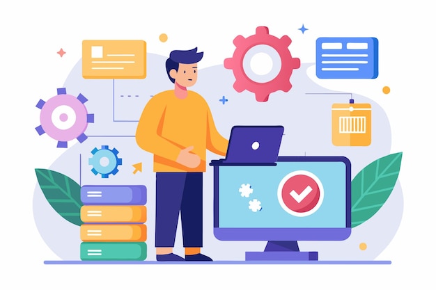 Un hombre está de pie frente a una pantalla de computadora centrado en el análisis de los datos mostrados Sincronizar e instalar software Ilustración vectorial plana simple y minimalista