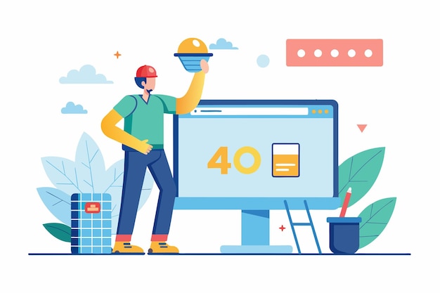 Un hombre está de pie frente a una pantalla grande mientras arregla problemas técnicos trabajador arregla la página de pantalla no encontrada 404 Ilustración vectorial plana simple y minimalista