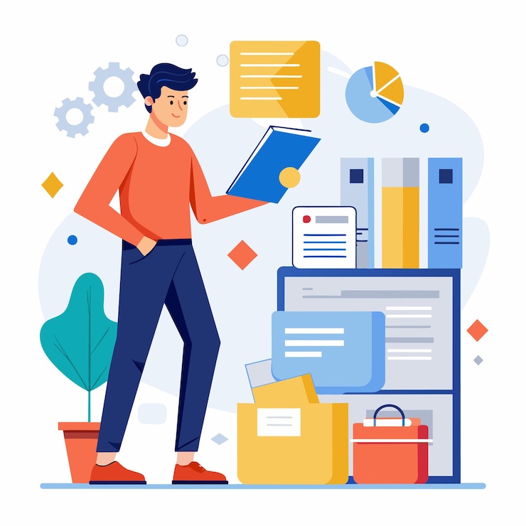 Vector un hombre está de pie junto a una gran pila de libros en una habitación trabajador organizando documentos y datos ilustración vectorial plana simple y minimalista