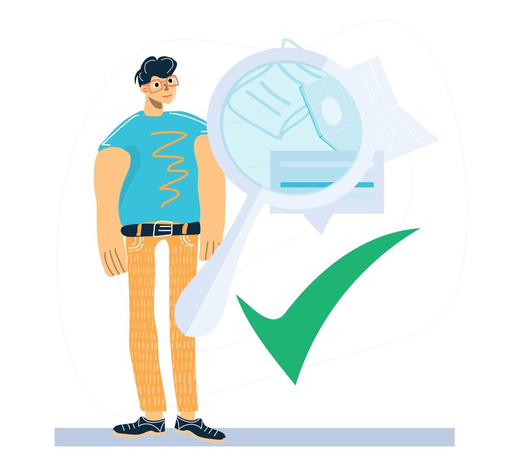 Vector el hombre está de pie con una lupa concepto de verificación de hechos información verdadera y confiable comprobación de noticias y blogs ilustración de vector plano en estilo de dibujos animados aislado en fondo blancoxa