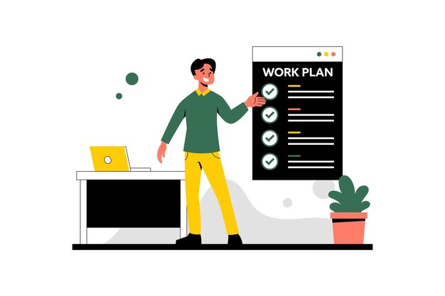 el hombre está presentando un plan de trabajo
