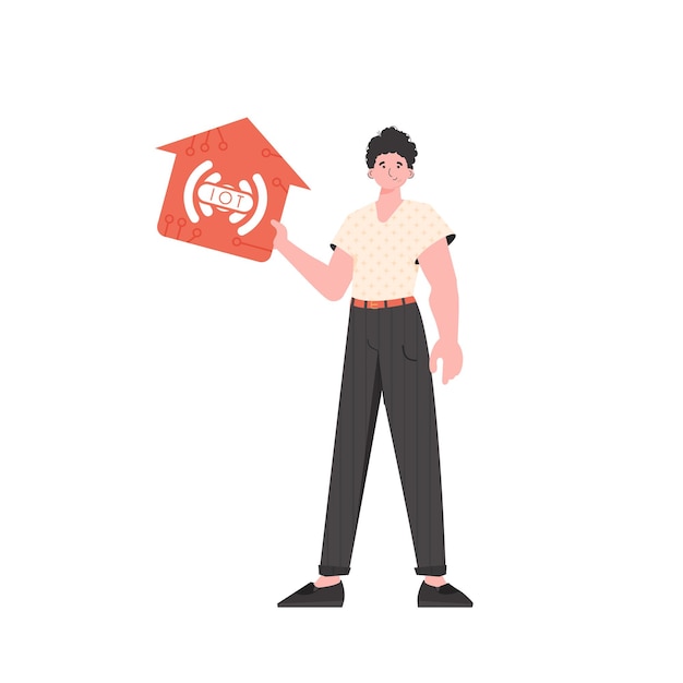 El hombre está representado en pleno crecimiento sosteniendo el icono de la casa en sus manos Concepto de Internet de las cosas Ilustración vectorial en estilo plano
