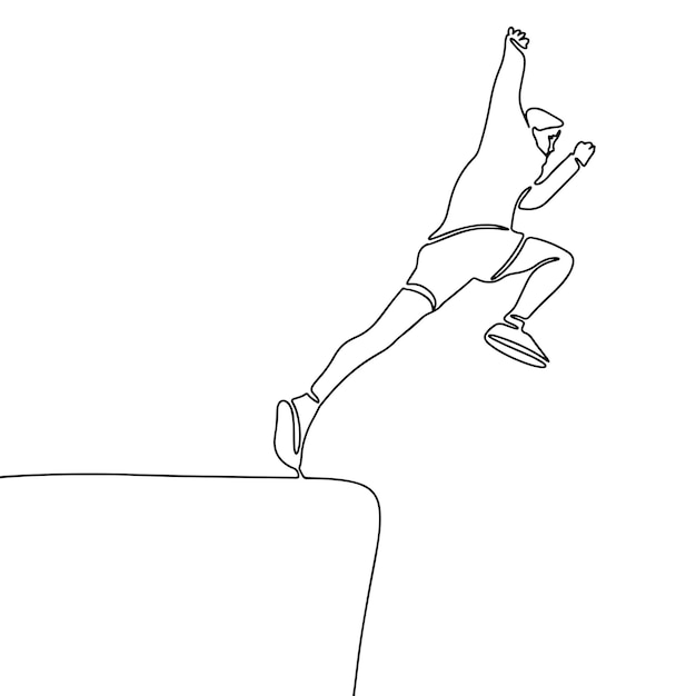 El hombre está saltando aislado sobre fondo blanco Una línea continua ilustración vectorial Arte de línea