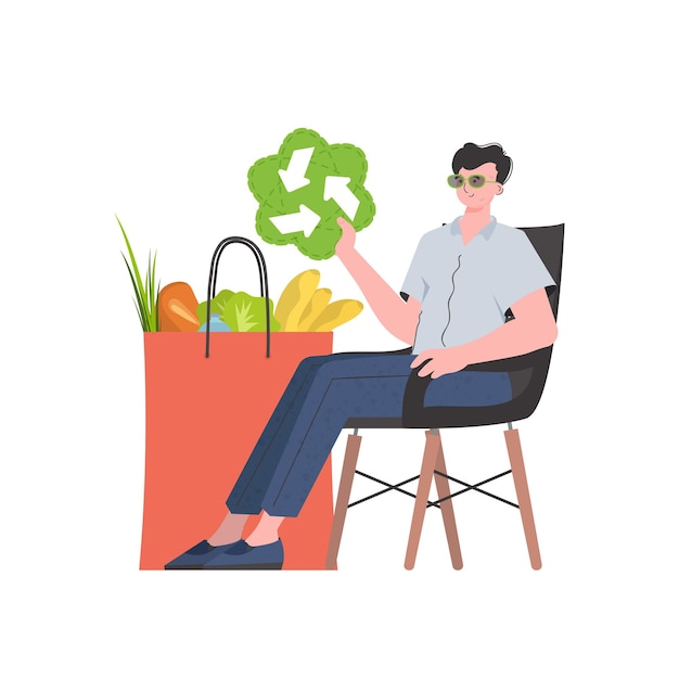 Un hombre está sentado al lado de una bolsa de comida saludable y sostiene un icono EKO Ilustración de vector de estilo de tendencia aislada