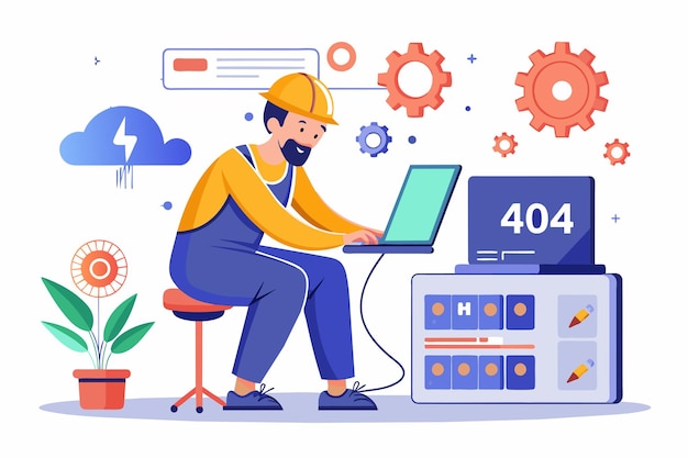 Un hombre está sentado en un escritorio centrado en la pantalla de su portátil posiblemente trabajando o solucionando problemas Técnico arreglando el error 404 sin conexión Ilustración vectorial plana simple y minimalista