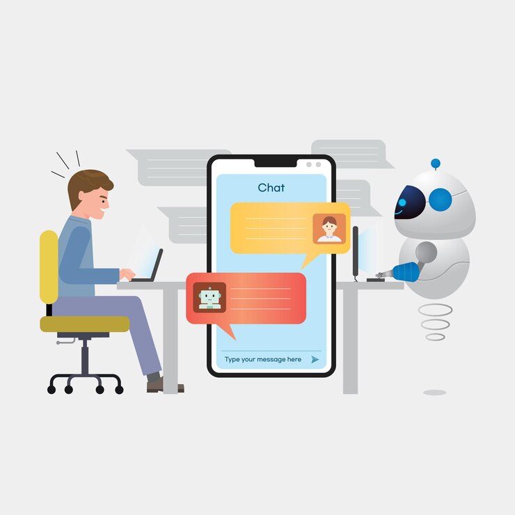 Vector un hombre está sentado en un escritorio con un robot y otro hombre está usando una computadora.