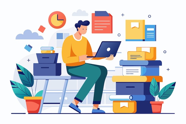 Un hombre está sentado en un escritorio trabajando en una computadora portátil Trabajador organizando documentos y datos Ilustración vectorial plana simple y minimalista