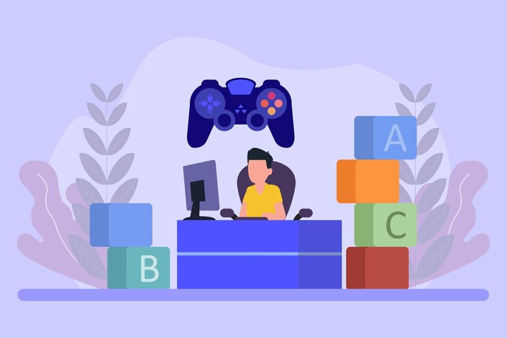 Vector un hombre está sentado frente a una computadora con un controlador de juegos en la parte superior.