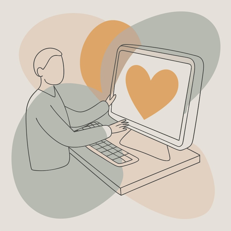 Vector un hombre está sentado frente a una computadora con corazones en la pantalla