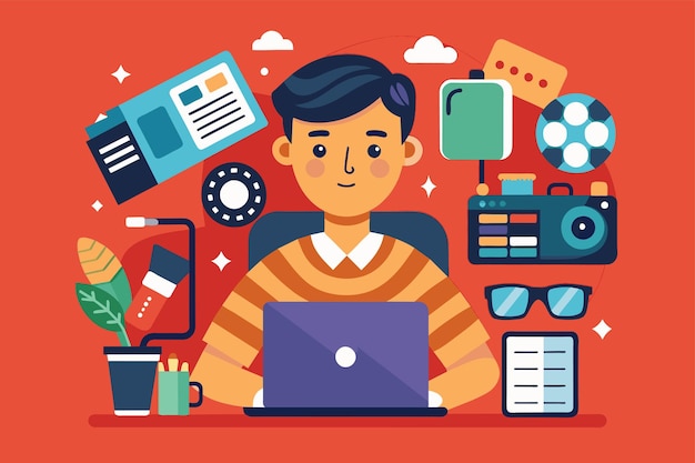 Un hombre está sentado frente a una computadora portátil trabajando o estudiando creador multimedia Ilustración vectorial plana simple y minimalista