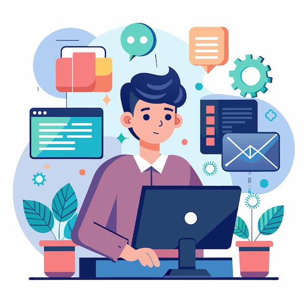 Un hombre está sentado frente a una computadora portátil trabajando en la programación de software programación de problemas de software en computadoras Ilustración vectorial plana simple y minimalista