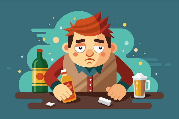 Vector un hombre está sentado en una mesa con una botella de cerveza delante de él resaca ilustración de dibujos animados personalizables