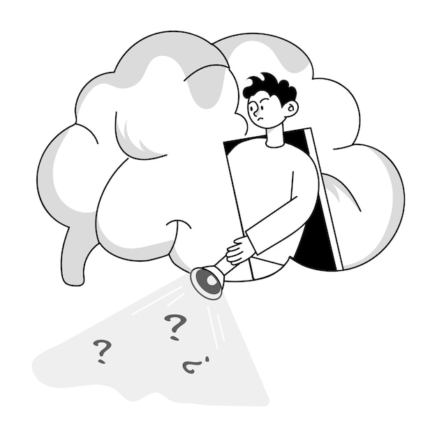un hombre está sentado bajo una nube que tiene un signo de pregunta en él