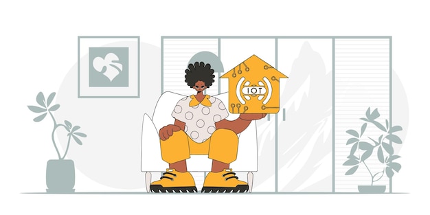 Un hombre está sentado en el suelo, agarrando un logotipo de IoT. Representación vectorial contemporánea.