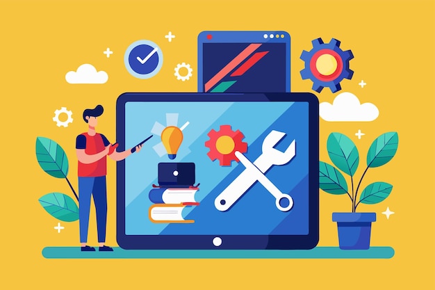 Un hombre está solucionando problemas en una tableta usando varias herramientas solucionando problemas de mantenimiento de la tableta Ilustración vectorial plana simple y minimalista