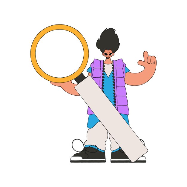 El hombre está sosteniendo una lupa Busca la información necesaria en el personaje de estilo retro de Internet