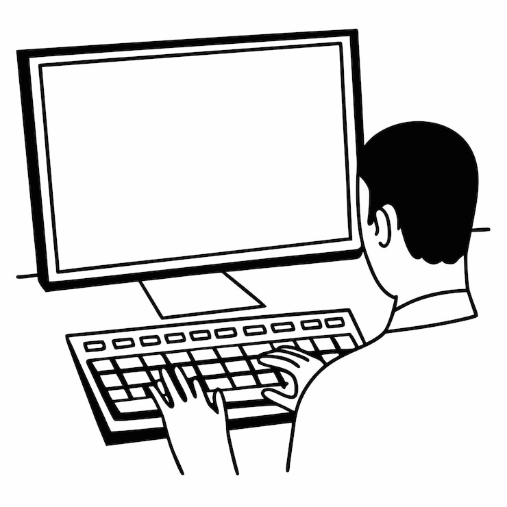 Vector un hombre está trabajando en una computadora con un dibujo en blanco y negro de una persona usando una computadora