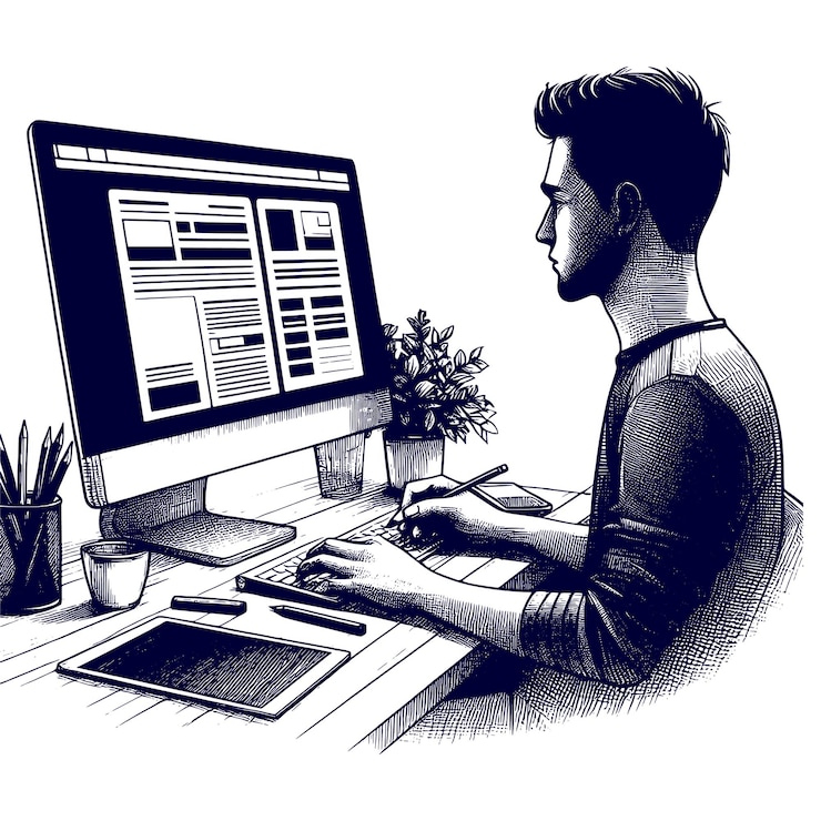 Vector un hombre está trabajando en una computadora y diseño de arte de boceto vectorial silueta