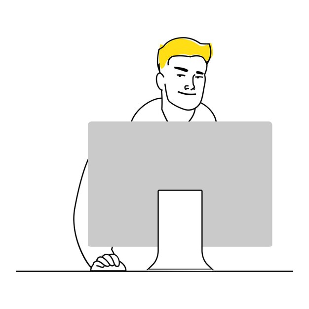 El hombre está trabajando en la computadora, mira fuera de la ilustración de la computadora portátil