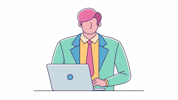 un hombre está trabajando en una computadora portátil con una pegatina en la cara