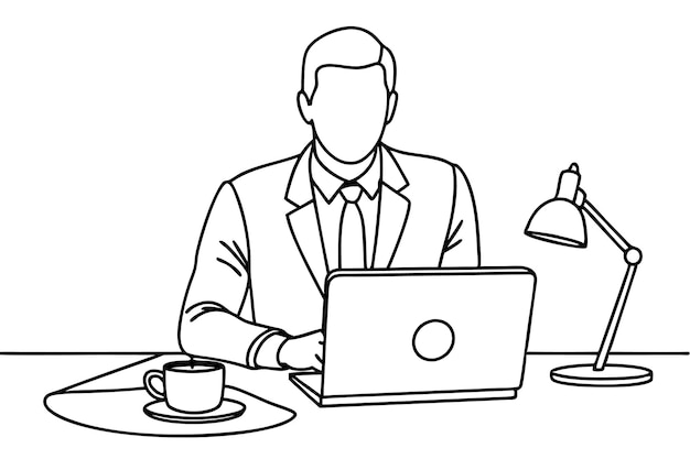 un hombre está trabajando en una computadora portátil y tiene una taza de café en la mesa