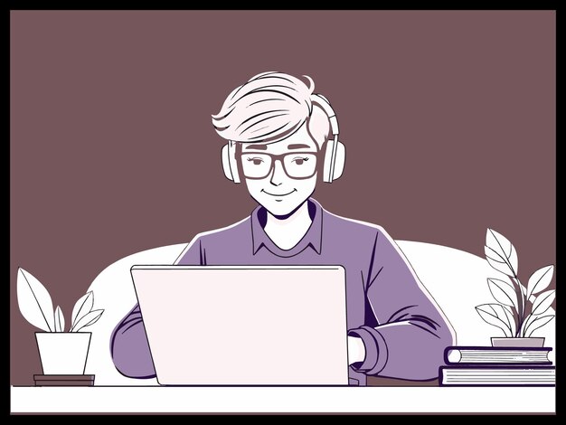 Un hombre está trabajando en un diseño de ilustración vectorial de portátil