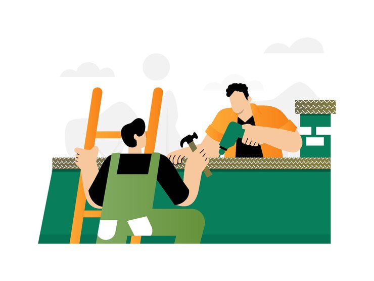Un hombre está trabajando en una escalera y lleva una camisa verde.