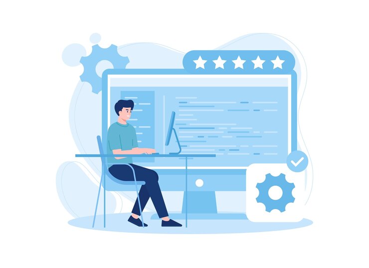 Vector el hombre está trabajando en la ilustración plana del concepto de tendencia de la computadora.