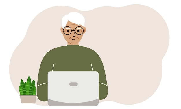 Un hombre está trabajando o estudiando en una computadora portátil Freelancing o aprendizaje a distancia y concepto de trabajo