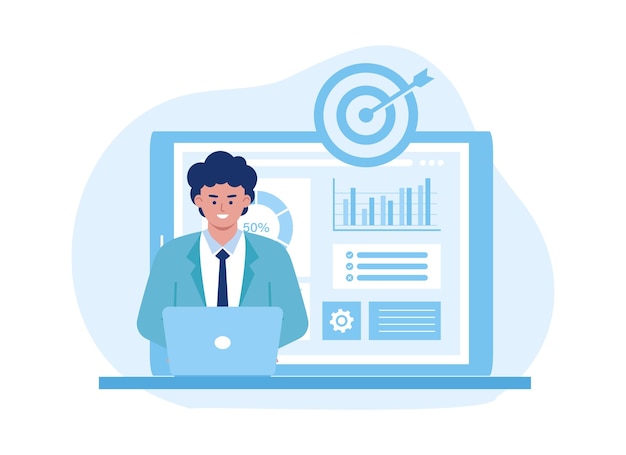 El hombre está trabajando en la oficina en la ilustración plana del concepto de tendencia de fecha límite.