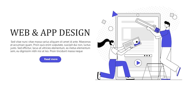 Un hombre está trabajando en un proyecto de diseño. Ilustración de personajes para una aplicación de diseño de pancartas publicitarias.