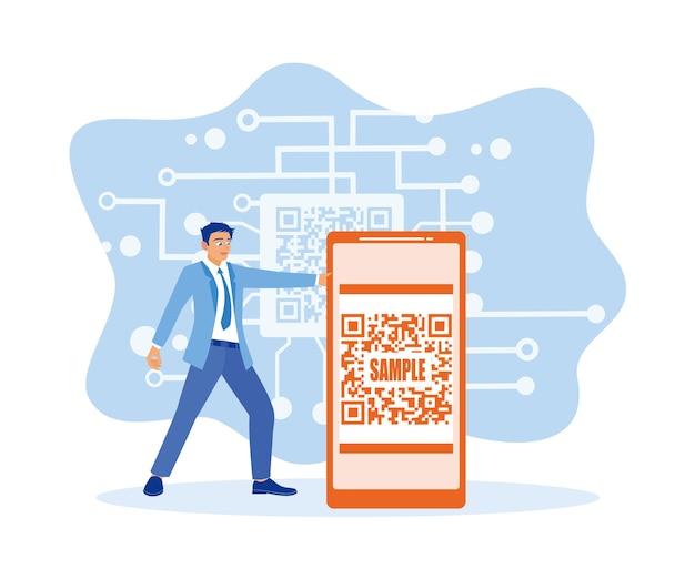 El hombre está utilizando un teléfono inteligente con un escáner de códigos QR para pagos en línea Concepto de tecnología sin efectivo