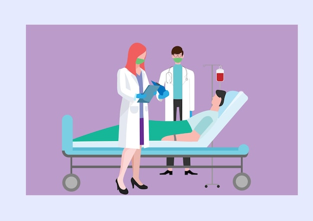 El hombre estaba enfermo con un médico varón y una doctora en el hospital entrevistando los síntomas de la enfermedad que se estaba tratando Ilustración vectorial