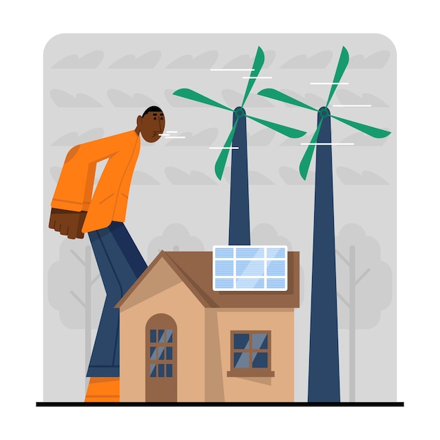 Hombre estadounidense de pie cerca de una casa con molinos de viento y paneles solares Uso racional de la energía natural