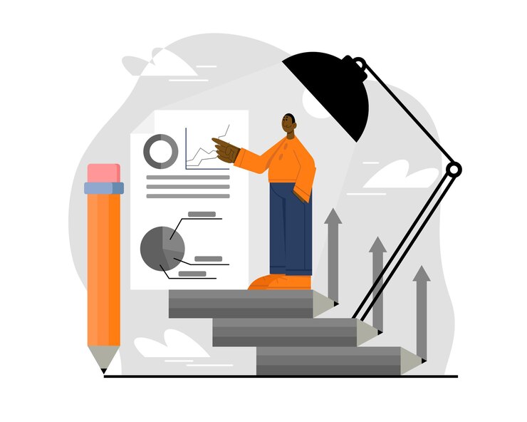 Vector hombre estadounidense de pie cerca de un gran diagrama y leyendo crecimiento y desarrollo de la empresa eficiencia de la gestión del tiempo en el concepto de proceso de negocio ilustración plana vectorial en colores azules