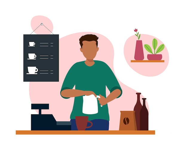 Vector hombre estadounidense preparando café trabajando como barista trabajadores experimentados de cafeterías sirviendo a clientes