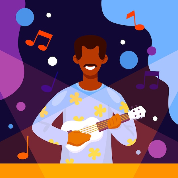 Hombre estadounidense sonriente sosteniendo un ukulele y tocando una canción